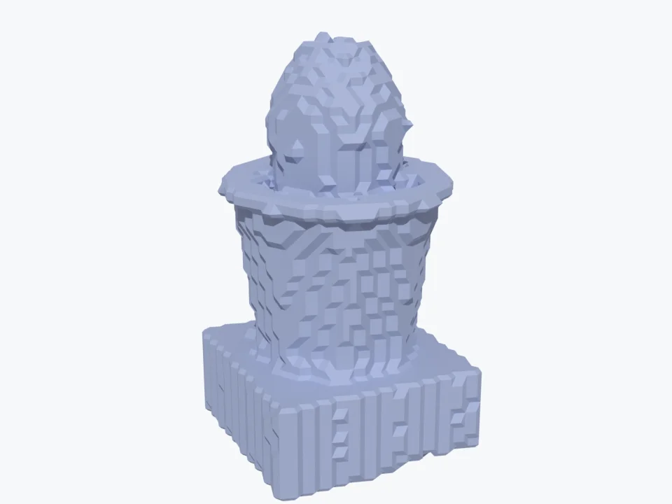 A blocky grey-blue mesh with the shape of the cactus, its pot and stand, made of small cubes