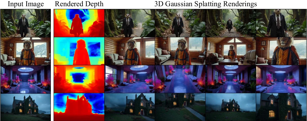Quatre rangées d’images : à gauche une seule image d’entrée (un animal en costume dans une forêt, un lion dans un chalet, un hall futuriste, un manoir au crépuscule), puis sa profondeur estimée, puis quatre vues de la scène 3D générée à partir d’elle en Gaussian splats, vues sous d’autres angles