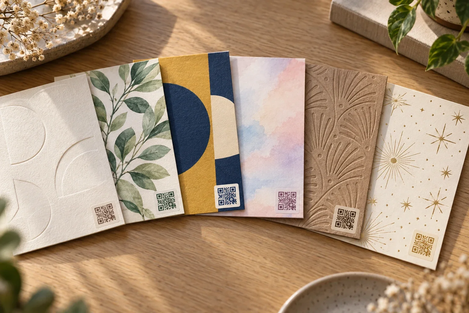 Six cartes de vœux imprimées dans six styles différents, chacune portant son propre sticker QR code