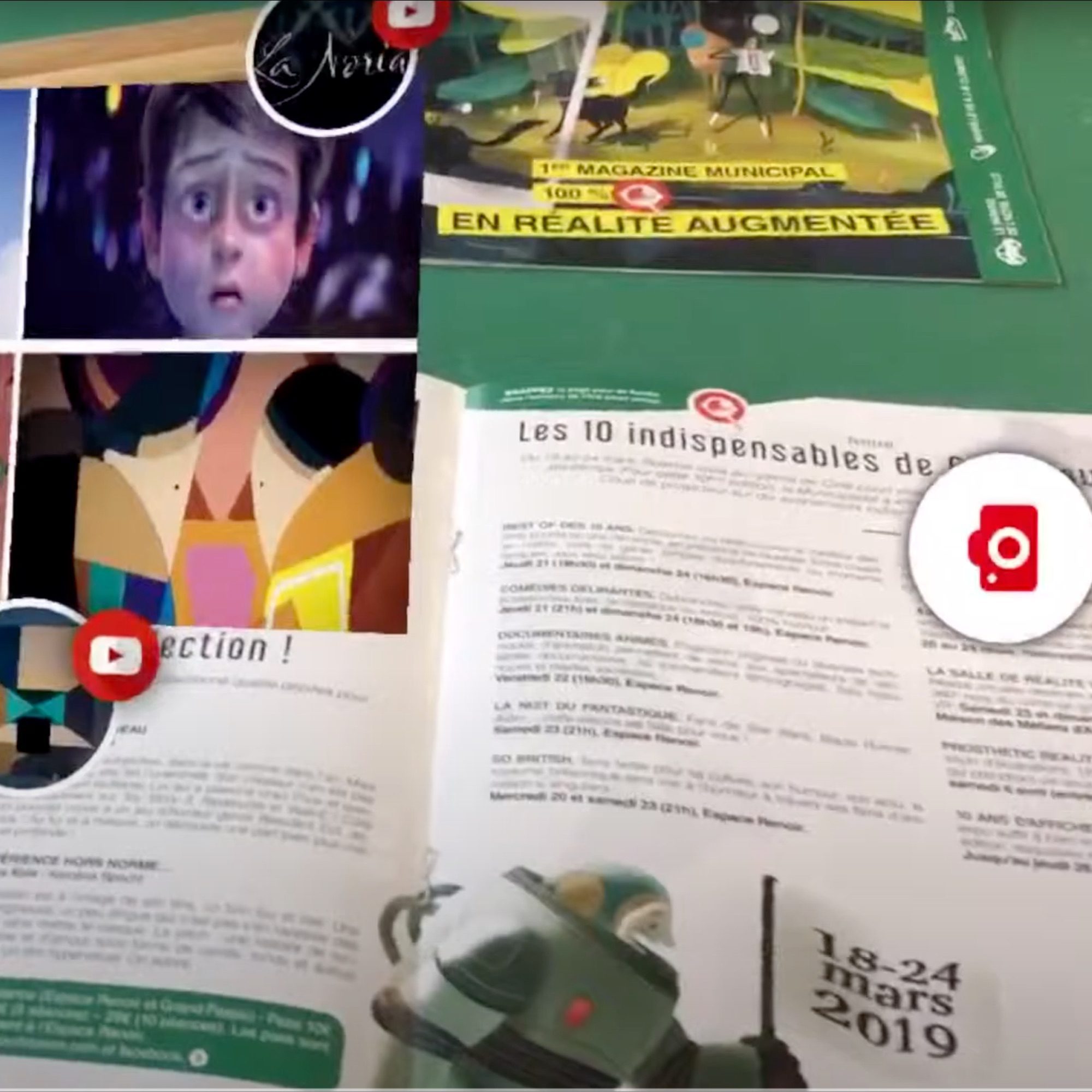 ARGOplay ex-SnapPress the native Augmented Reality app for the public sector, available for free to end users on iOS and Android smartphones, preview of a magazine of the Agglomeration of Roanne and augmentation on a smartphone screen