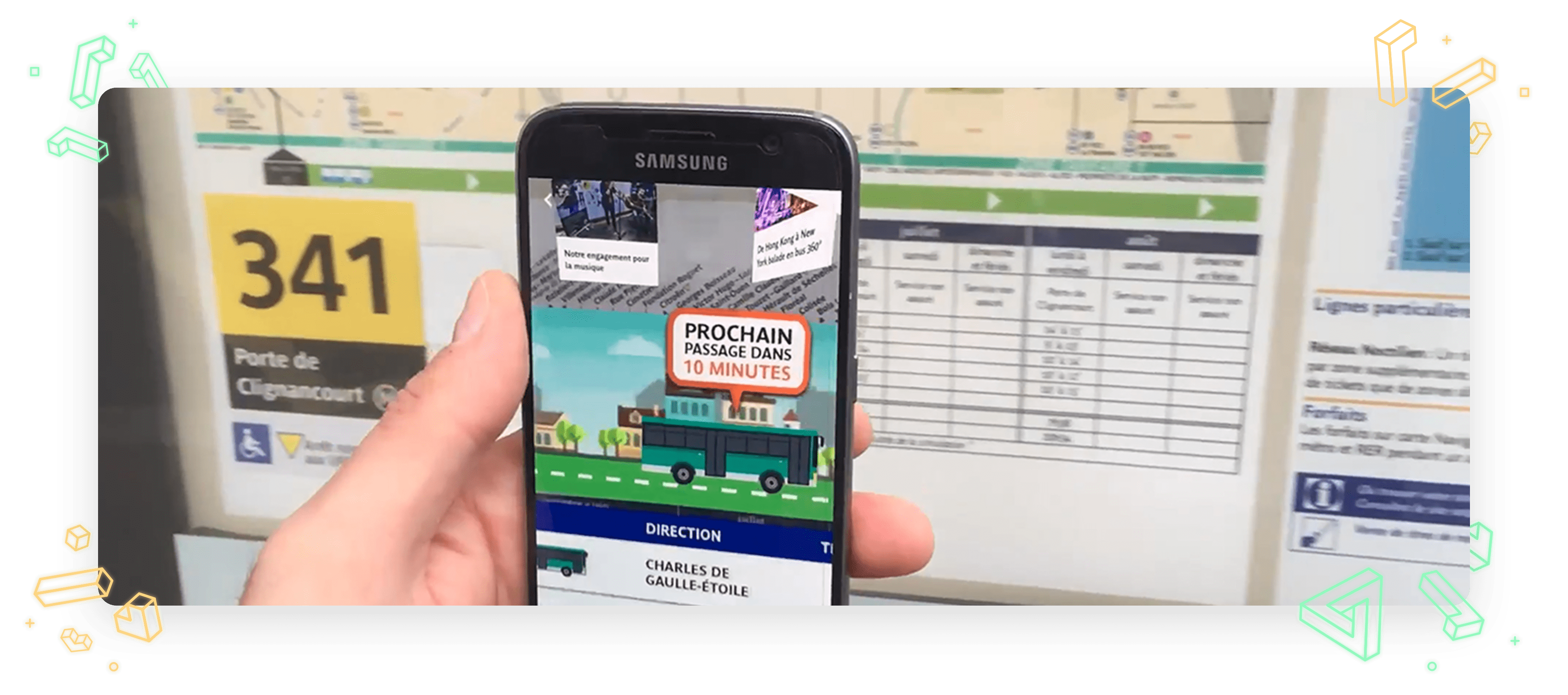 preview of a smartphone screen and a bus route sign for RATP bus line 341