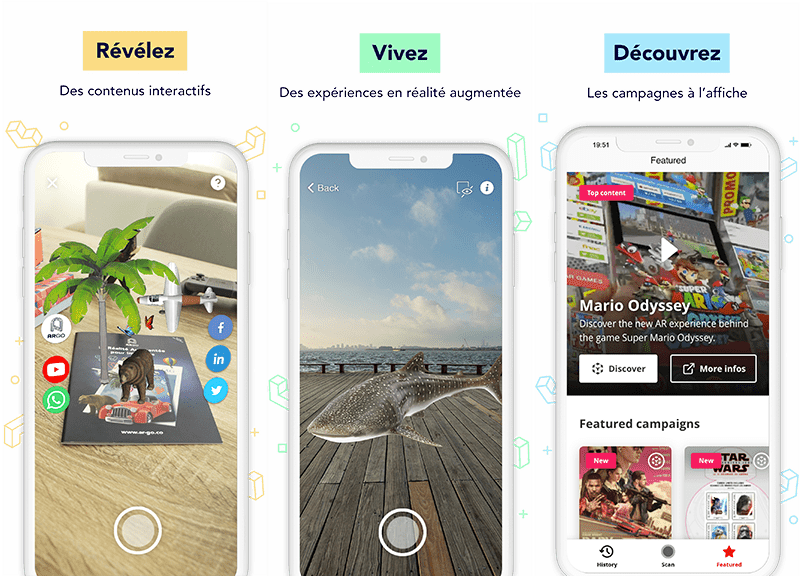 ARGOplay ex-SnapPress la solution de réalité augmentée native pour le retail, le commerce et les biens de consommation, disponible gratuitement pour les utilisateurs finaux sur smartphones iOS et Android, aperçu d'un écran de smartphone